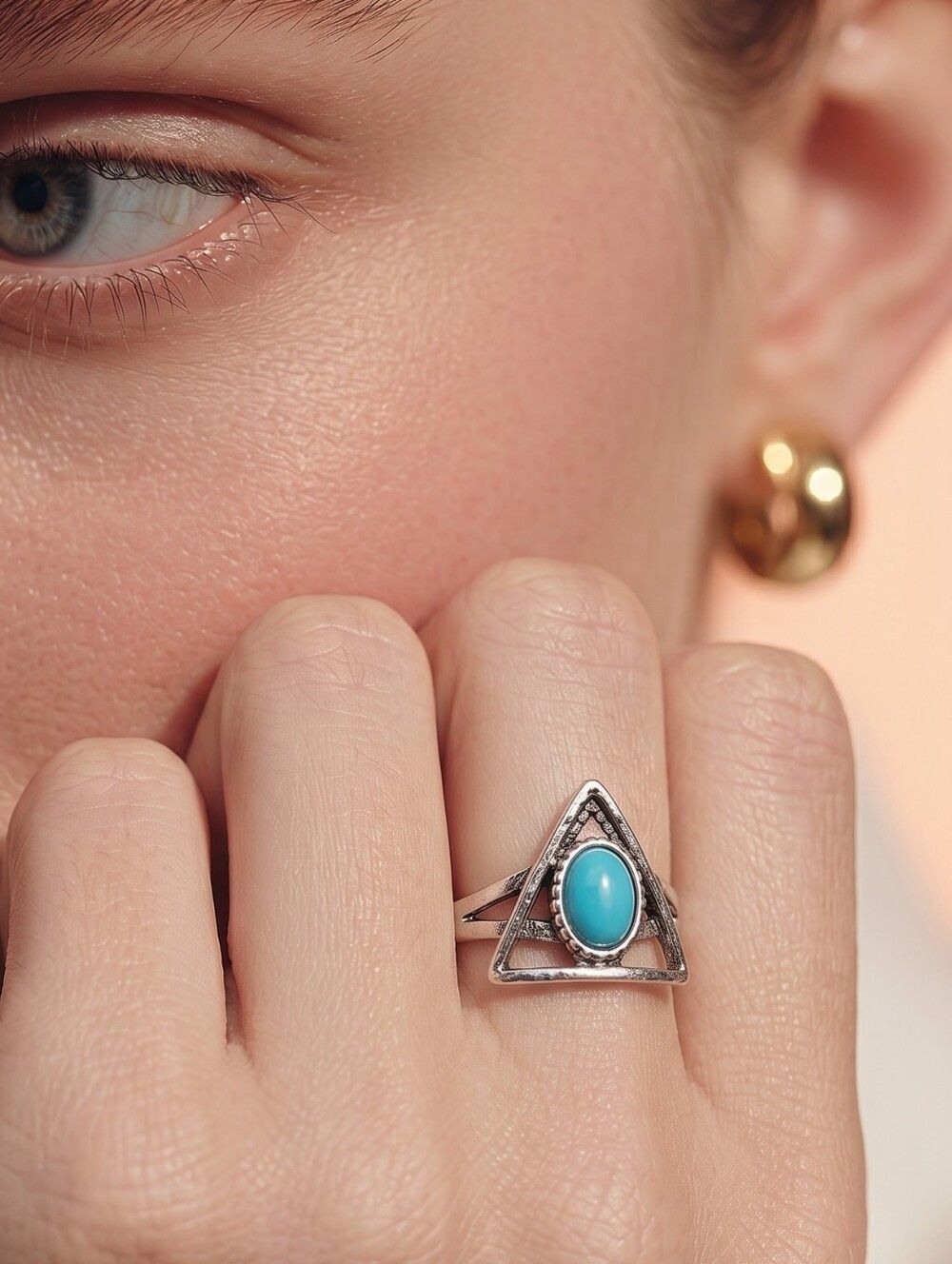 Turquoise Triangle Ring Silver Boho Southwestern Geometric Statement Ring Size 5
